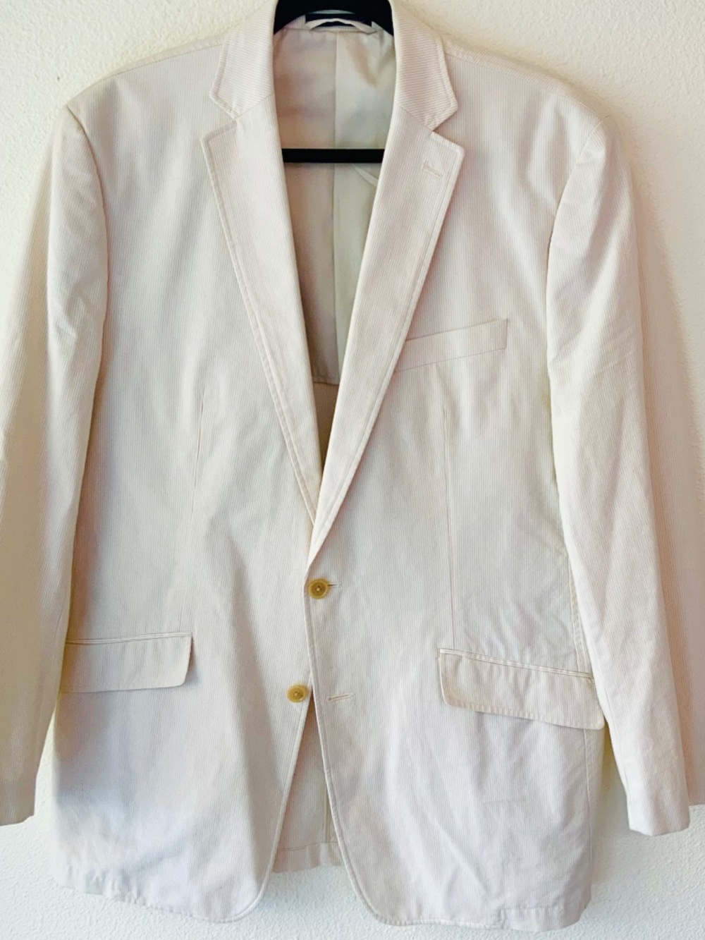 Calvin Klein 100% Cotton Blazer Pinstripe Cream Tan 44L Half Lined Unstructured